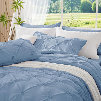 BEDELITE Cornflower Blue Twin Comforter Set - 2 Peices Boho Pintuck Bedding Comforter Sets, Lightweight Soft & Warm Twin Bedding Sets with 1 Pillowcase for All Season