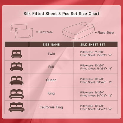 THXSILK 6A+ Top Grade 100% Pure Mulberry Silk Full Fitted Sheet 3Pcs Set Bed Sheets Luxury Bedding for Hair and Skin Breathable Cooling Safe Material, 1 Fitted Sheet with 2 Pillowcases, Red