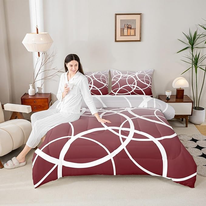 Castle Fairy Circle Comforter Set,Red Gradient Bedding Set for Girls Women,Adults Abstract Stripes Comforter,Modern Style Quilted Duvet Set Bedroom Collection Twin Size 2Pcs