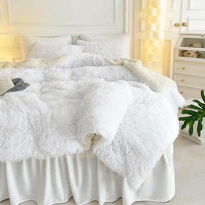 UOZZI BEDDING Faux Fur Comforter Set Queen 3 Pieces - 1 Shaggy Comforter with 2 Pillowcases - Ultra Soft and Easy Care Luxury Plush Warm Winter Duvet Set (Pure White, Twin)