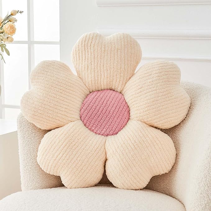 Flower Throw Pillow, Cute Flower Shaped Pillow Decorative Throw Pillow for Bed Couch, Soft Daisy Pillows Floor Seating Cushion Cushions (14.9 Inch Ivory+Pink)