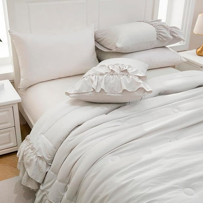 Beige Comfrter Set Queen Size Boho Bedding Comforter Shabby Chic 2 Layers Ruffles Home Decor Farmhouse Bedding Bohemian Bed Comforter