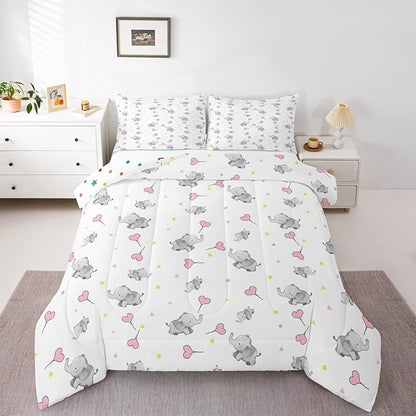 Erosebridal Lovely Elephant Comforter Set for Kids Girls Boys Teens Bedroom,Love Heart Down Comforter for All Season, Kawaii Animal Bedding Set, Cartoon Style Triangle Quilt King Size