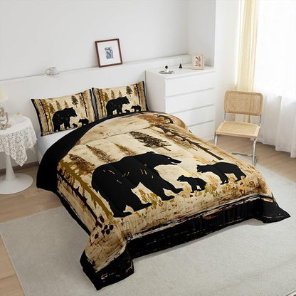Feelyou Bear Bedding Set for Kids Toddler Full Size Black Bears Comforter Set Boys Girls Cabin Rustic Farmhouse Bedding Set Wildlife Duvet Set 3Pcs