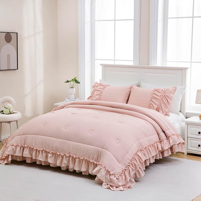 Bedding_Dreamer Ruffle Comforter Set King Shabby Chic Bedding Set 2 Layers Ruffles Home Decor Vintage Farmhouse Soft Down Comforter Blush Pink Quilt Set…