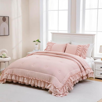 Bedding_Dreamer Ruffle Comforter Set King Shabby Chic Bedding Set 2 Layers Ruffles Home Decor Vintage Farmhouse Soft Down Comforter Blush Pink Quilt Set…