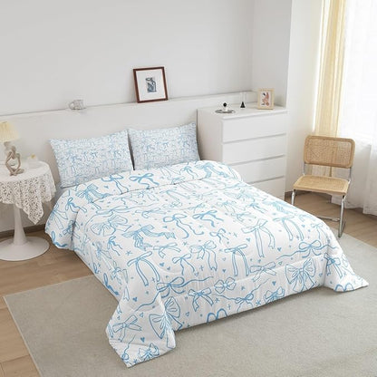 Cute Blue Bowknot Comforter Set King Size,Cartoon Hand Drawn Stars Love Bow Bedding Set,Kids Girls Sweet Princess Style Quilt Set for Teens Woman Room Decor,Modern Romantic Duvet Insert 3Pcs