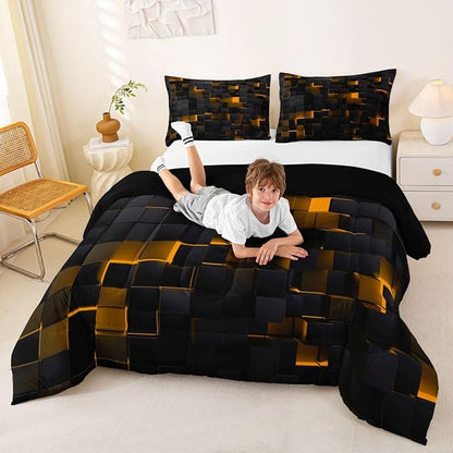 Erosebridal Black and Orange Comforter Set Queen Neon Geometric Checkered Bedding Set for Kids Boys Adults Men,Stereoscopic Grid Plaid Comforter Glowing Square Bed Duvet Set 3 Pcs