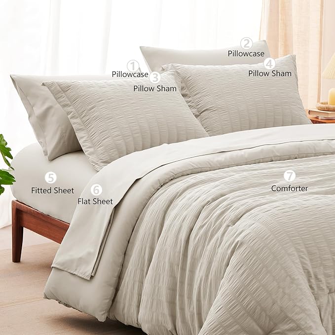 CozyLux California King Comforter Set with Sheets 7 Pieces, Beige Seersucker Bed in a Bag Cal King Luxury Soft Bedding Sets with Down Alternative Comforter, Sheets, Pillowcases & Shams for All Season