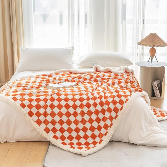 LOMAO Sherpa Throw Blanket Fleece Blanket with Checkered Pattern Soft Thick Blanket for Couch, Bed, Sofa Luxurious Warm and Cozy for All Seasons (Orange, 51"x63")