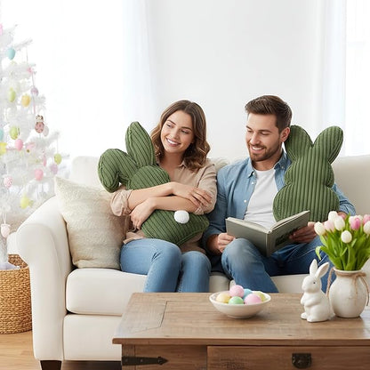 2 Pcs Easter Bunny Shaped Pillow Cute Decorative Rabbit Throw Pillow Bunny Stuffed Soft Corduroy Striped Textured Cushion Case for Spring Easter Party Couch Sofa Home Decor, Olive Green