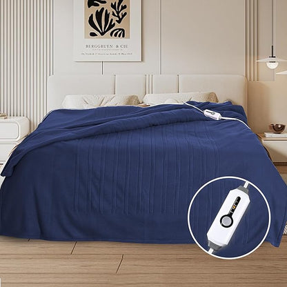 Electric Heated Blanket Twin Size 62"x84", Fast Heating Throw, Soft Fleece for Bed & Sofa, 10 Hours Auto Off & 4 Heating Levels, Machine Washable, Gifts for Grandma & Family-Dark Blue