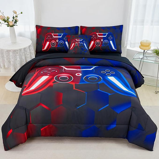 URBONUR 6 Pcs Full Bed in a Bag for Boys Comforter Sets Black Red and Blue Gamer Teen Boy Bedding Set Includes 1 Comforter, 1 Flat Sheet, 1 Fitted Sheet, 2 Pillowcases, 2 Cushion Cover