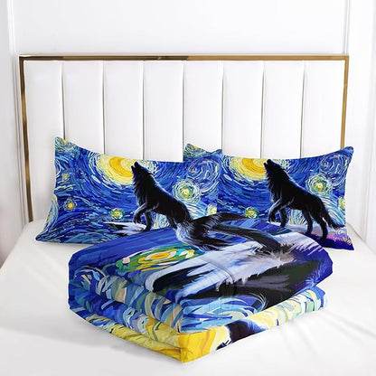 Moon Wolf Comforter Set - Twin Size Van Gogh Theme Wolf Print Microfiber Comforter & Pillowcases