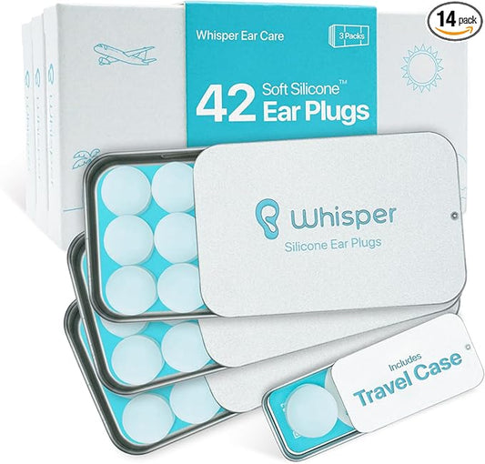 Whisper Ear Plugs (42 pcs) | Soft Silicone | Reusable Silicone Ear Plugs for Swimming, Sleep, Travel, Noise & Snoring | Moldable Comfort Fit Wax Earplugs for Sleep | Waterproof Swim Ear Plugs Adults