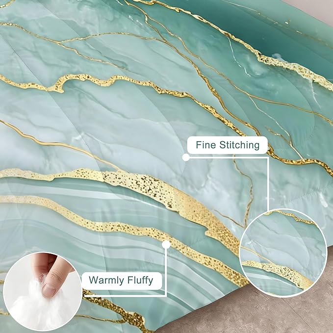 Mint Green Marble Comforter Set Twin Size, Watercolor Marbled Bedding Set for Girls Boys Kids Women, Green and Gold Bedroom Decor, Soft Turquoise Bed Set with 1 Comforter and 1 Pillowcase