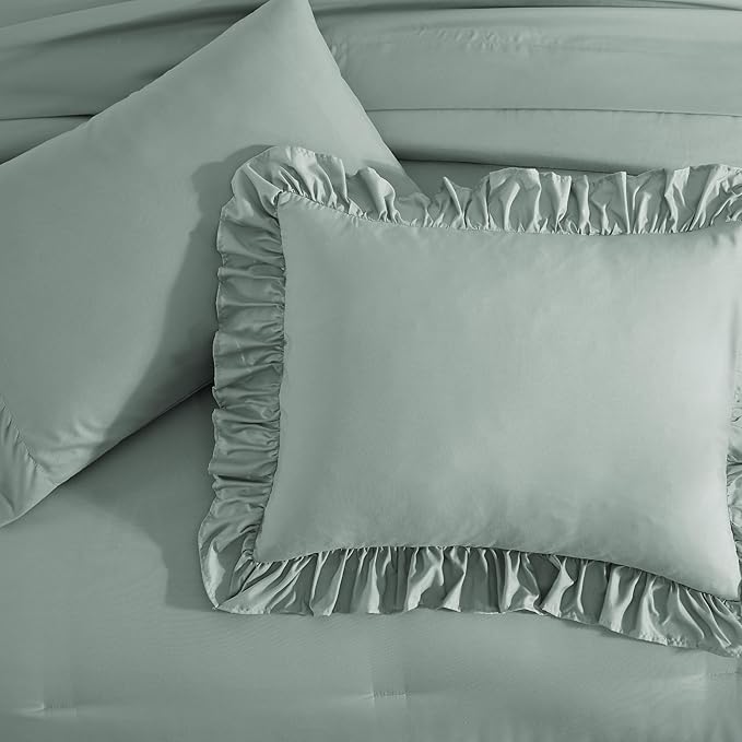 Full Comforter Set Sage Green, Ruffle Shabby Chic Bedding Set Farmhouse 7 Pieces, All Season Fluffy Bed in a Bag with Sheets, Pillowcases & Shams