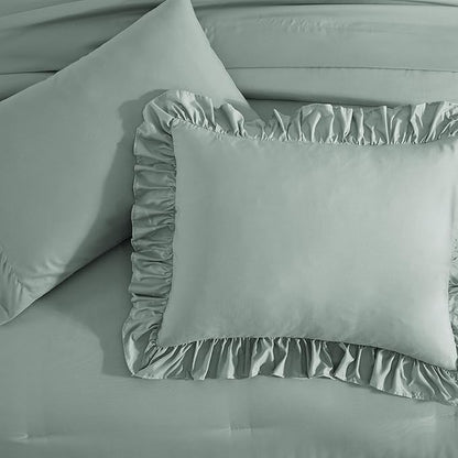 Full Comforter Set Sage Green, Ruffle Shabby Chic Bedding Set Farmhouse 7 Pieces, All Season Fluffy Bed in a Bag with Sheets, Pillowcases & Shams