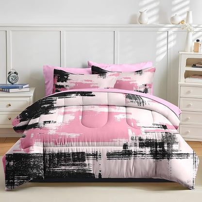 Nesker 7 Pcs Comforter Set Full Size, Modern Abstract Graffiti Art Bedding Set for Kids and Adults, Children Pink Black Bed Sheet Sets with Fitted Sheet 2 Pillowcases & 2 Shams