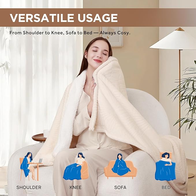 Westinghouse Electric Throw Blanket, Flannel Sherpa Heated Throw with 6 Heating Levels and 2-10 Hours Auto-Off, Flower Jacquard Heated Blanket, Fast Heating & ETL Certification, 50" x 60" Inch, Beige