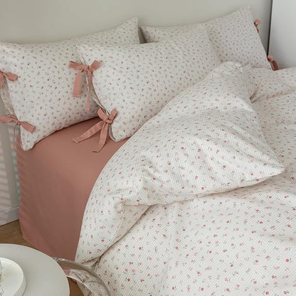 mixinni Floral White Twin/Twin XL Comforter Set Dorm Bedding - Garden Style Pink Rose Flower Bed Sets Comforters for All Seasons, Includes 1 Cute Floral Comforter and 2 Bow Tie Pillowcases