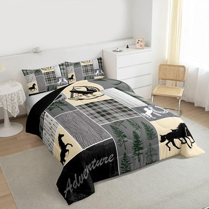 Erosebridal Kids Horse Comforter Set Twin, Western Cowboys Horseshoe Bedding Set Vintage Riding Boots Duvet Insert, Adventure Rustic Farmhouse Animal Quilt Cabin Lodge Bedroom Decor, 1 Pillow Case