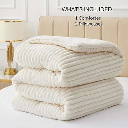 BEDELITE Fleece Queen Comforter Set -Super Soft & Warm Fluffy Cream White Bedding, Luxury Fuzzy Heavy Bed Set for Winter with 2 Pillow Cases