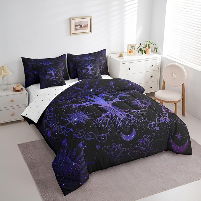 Feelyou Bohemian Tree Bedding Set with Comforter, Queen Size 7Pcs Purple Galaxy Tree Comforterative Sun Moon Bed in a Bag with Comforter, Astrology Space Room Decor