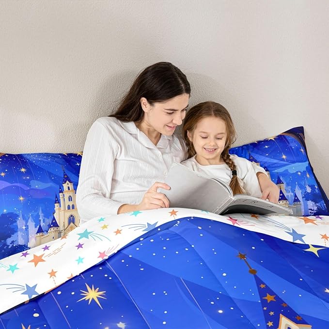 Manfei Princess Theme Kids Comforter Set King Size,Cartoon Castle Girlish Bedding Set,Girls Women Room Decor,Glitter Starry Sky Galaxy Dreamy Down Comforter,Blue Romantic Duvet Insert,2 Pillowcases