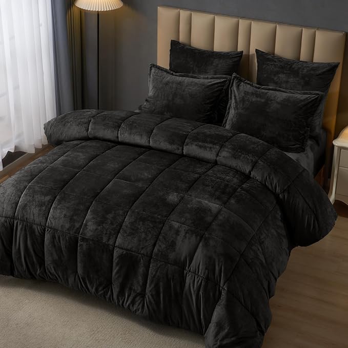 PHF Double-Sided Velvet Comforter Set King Size, 5 Piece Soft Luxury Winter Warm Bedding Sets, Modern Bed in A Bag Including 1 Cozy Comforter, 2 Pillow Shams, 2 Euro Shams for Home Decor, Black