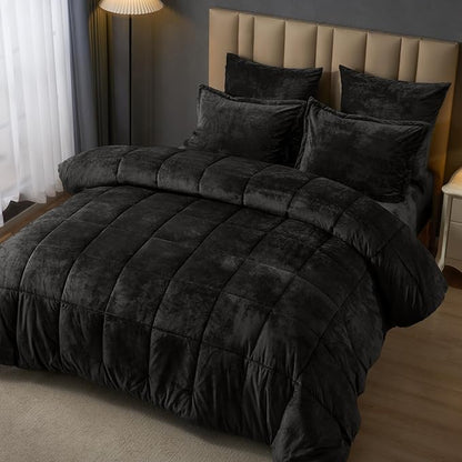 PHF Double-Sided Velvet Comforter Set King Size, 5 Piece Soft Luxury Winter Warm Bedding Sets, Modern Bed in A Bag Including 1 Cozy Comforter, 2 Pillow Shams, 2 Euro Shams for Home Decor, Black