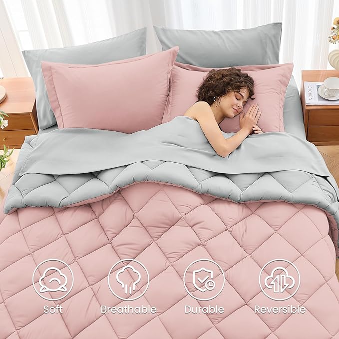 MUXHOMO 7 Pieces Oversized Queen Comforter Set, Reversible Bed in a Bag Oversized Queen Size, All Season Bedding Set with Comforter, Flat Sheet, Fitted Sheet, Pillowcases & Shams, Pink & Light Grey