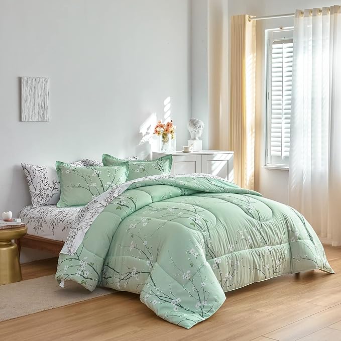 Green Comforter Sheet Set Bed in a Bag 6 Pieces Twin Size Tree Branch Bloom Flower Microfiber Reversible Bedding Set (1 Comforter 2 Pillow Shams 1 Flat Sheet 1 White Fitted Sheet 1 Pillowcases)