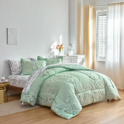Green Comforter Sheet Set Bed in a Bag 6 Pieces Twin Size Tree Branch Bloom Flower Microfiber Reversible Bedding Set (1 Comforter 2 Pillow Shams 1 Flat Sheet 1 White Fitted Sheet 1 Pillowcases)