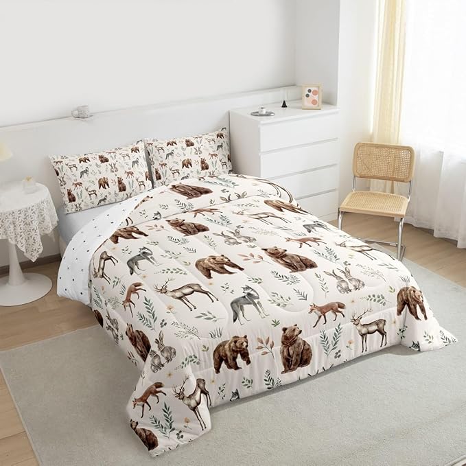 Erosebridal Woodland Animals Comforter Set Queen Size Bear Deer Hunting Theme Bedding Set for Kids Child Bedroom | Cartoon Rabbit Wolf Fox Wildlife Duvet Insert Rustic Cabin Lodge Decor Quilt