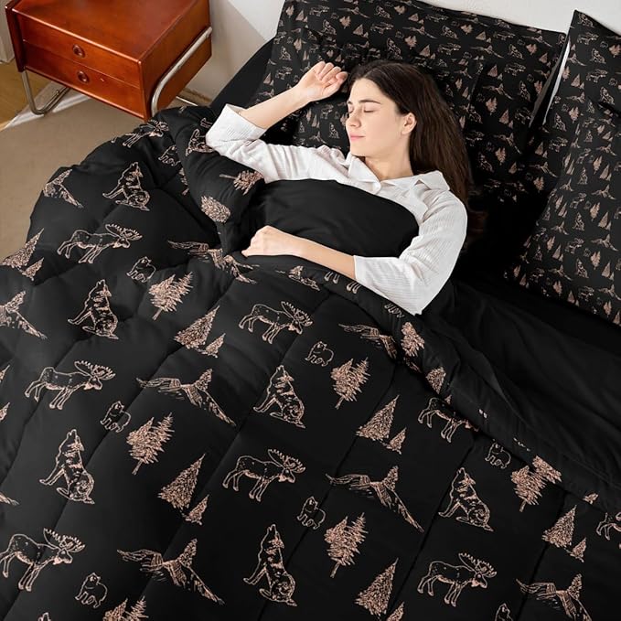 Erosebridal Woodland Animals 7 Piece Comforter Set Twin Size Bear Deer Wolf Hunting Theme Bedding Set for Kids Child | Rustic Cabin Lodge Decor Sheets Farmhouse Wildlife Mountain Black Brown Quilt