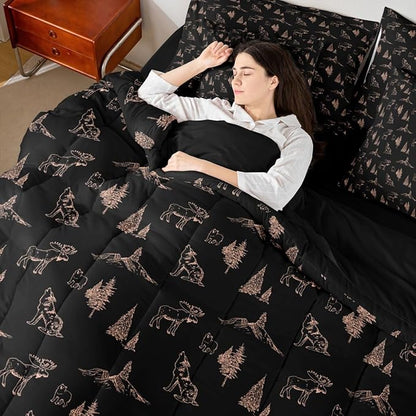 Erosebridal Woodland Animals 7 Piece Comforter Set Twin Size Bear Deer Wolf Hunting Theme Bedding Set for Kids Child | Rustic Cabin Lodge Decor Sheets Farmhouse Wildlife Mountain Black Brown Quilt