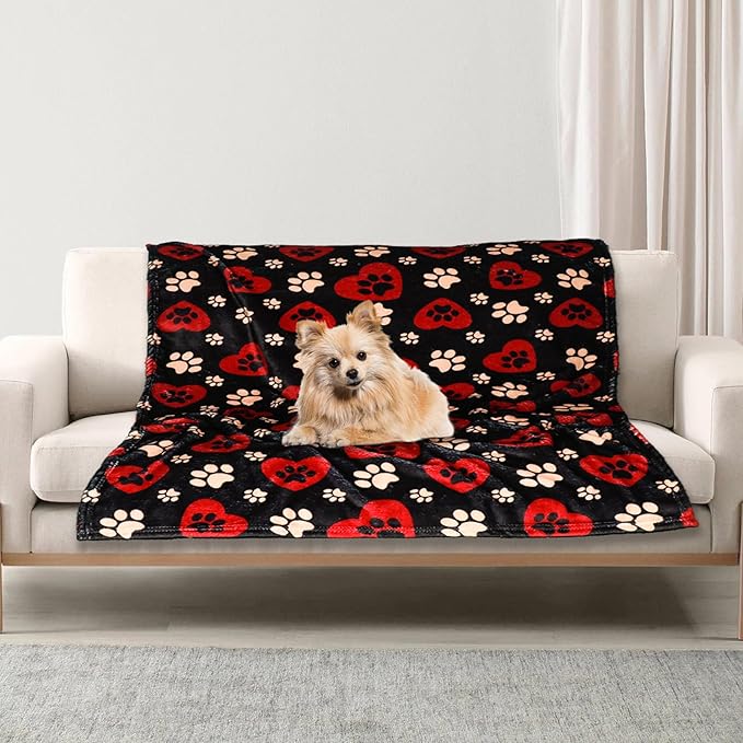 Dog Blankets for Large Dogs, 60"x50" Blanket Washable, Fuzzy Soft Pet Mat Throw Cover for Kennel Crate Bed, Cute Paw Pattern, Cat Blanket, Gifts Medium Small Pet Essentials, Black Red
