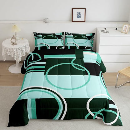 Retro Green Grey Black Comforter Twin Size Swirls Gromment Bedding Set for Kids Teens Adult Abstract Circles Rings Quilt Geometric Grid Duvet Insert Graphic Texture Quilted Comforter