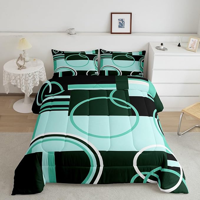 Retro Green Grey Black Comforter King Size Swirls Gromment Bedding Set for Kids Teens Adult Abstract Circles Rings Quilt Geometric Grid Duvet Insert Graphic Texture Quilted Comforter