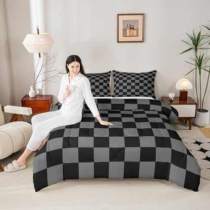 Feelyou Checkered Retro Comforter Set All Season Black Grey Plaid Bedding Set with 1 Pillow Cases Geometric Vintage Kids Twin Bedclothes Modern Simple Groovy Aesthetic Bedroom Decor Duvet Quilt