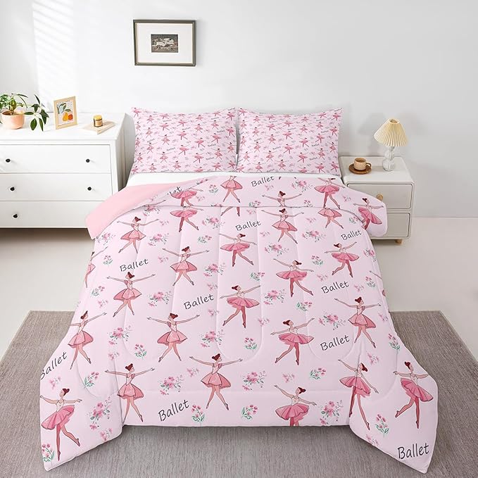 Feelyou Ballet Comforter Set King Size Kids Cute Little Dancers Comforter for Boys Girls Teens Sport Bedding Set Breathable Pink Duvet Set Room Decor Quilt Set Fashion