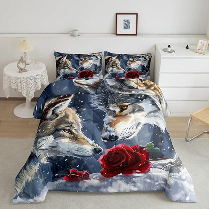 Erosebridal Wolf Full Comforter Set,Hunting Wolf Bedding Set for Kids Adults Room Decor,Wildlife Animal Safari Quilt Set Exotic Red Rose Flower Bedding Comforter Sets,2 Pillowcases