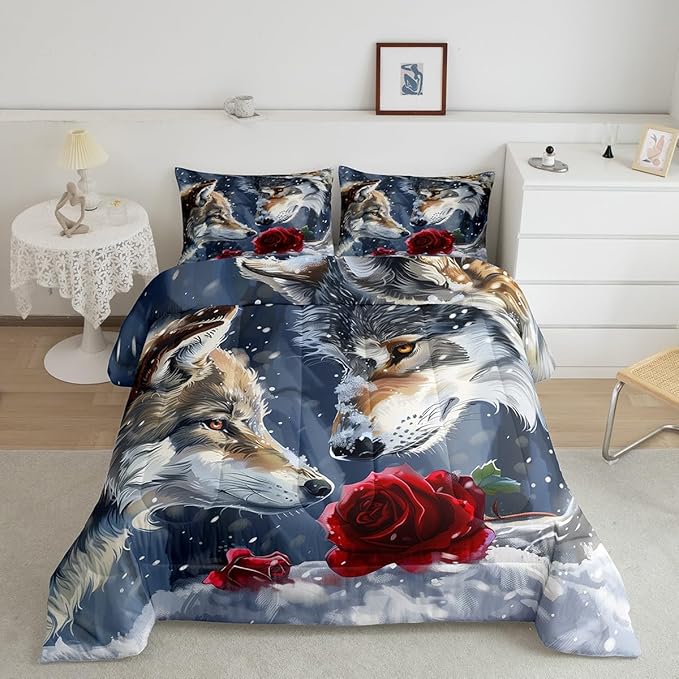 Erosebridal Wolf Twin Bedding Set,Hunting Wolf Comforter Set for Kids Boys Girls Bedroom Decor,Wildlife Animal Safari Bed Set Exotic Red Rose Floral Bedding Comforter Sets,1 Pillowcase