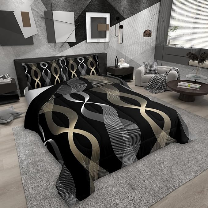 Erosebridal Gold Striped Abstract Full Comforter Set, Black and Gold Bedding Set for Men Women Adults Teens, Contemporary Boho Modern Art Comforter, Ombre Geometric Stripes Artistic Quilt