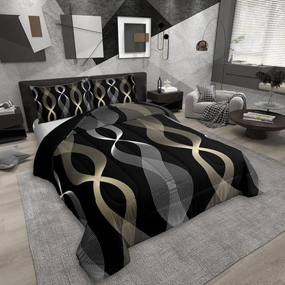 Erosebridal Black and Gold Twin Bedding Set, Gold Striped Abstract Comforter Set for Men Women Adults Teens, Contemporary Boho Modern Art Quilt, Ombre Geometric Stripes Artistic Comforter
