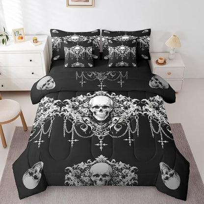 Erosebridal Gothic Bed in a Bag Queen Comforter Set 7 Piece,Goth Sugar Skull Bedding Set,Black White Damask Bohemian Vintage Floral Comforter and Sheet Set,Exotic Antique Victorian Baroque Decor