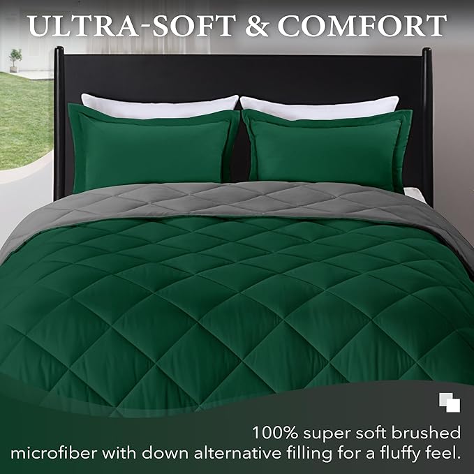 downluxe Queen Comforter Set - Dark Green and Grey Queen Comforter, Soft Bedding Sets for All Seasons -3 Pieces - 1 Comforter (88"x92") and 2 Pillow Shams(20"x26")