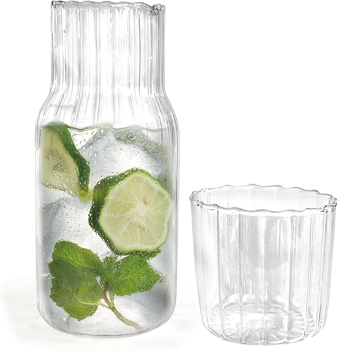 Lily's Home Vintage Style Bedside Night Water Carafe with Tumbler Glass, Use in Bedroom Bathroom, or Kitchen, Use Cup as Lid, Convenient and Stylish for Night Table, 16 Ounces