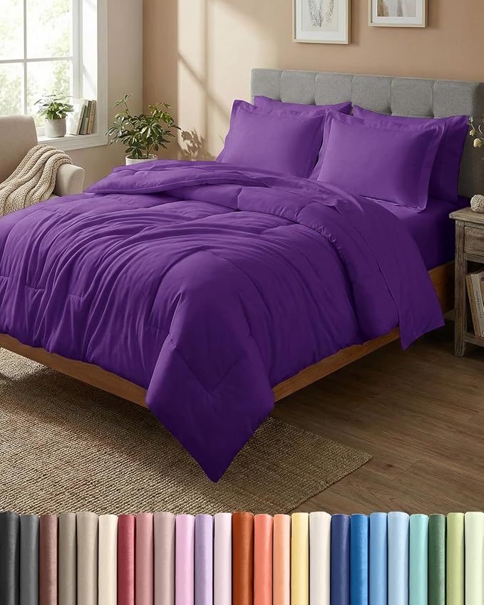 Full Comforter Set - 7 Piece Bed in a Bag Full Size Bed Set - Down Alternative Comforter, Flat Sheet, Fitted Sheet, Pillowcase & Shams for All Seasons - Ultra Soft, Cozy, Comfy & Breathable - Purple